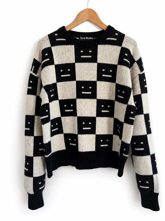 Acne Studios Sweaters - Acne Studios Face Checkerboard Wool Sweater Black Oatmeal Beige XS